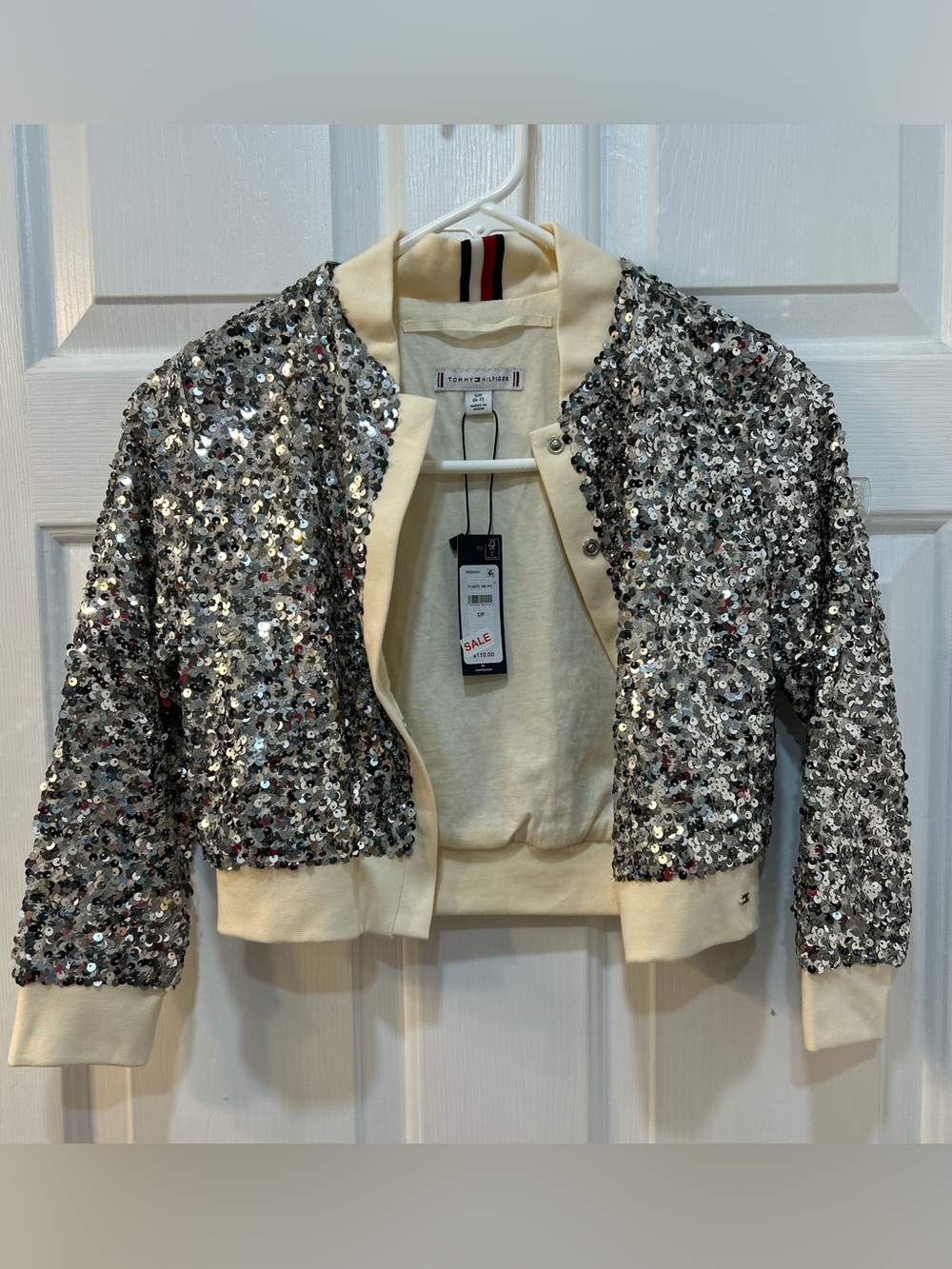 NWT Tommy Hilfiger Kids Silver Sequin Bomber Jacker Sz S 6-7 Button Snap Festive